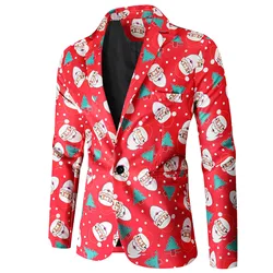 Mens Christmas Blazer Cartoon Santa Claus Printed Single-Breasted Jacket Xmas Carnival Party Chic Stylish Casual Blazers Male