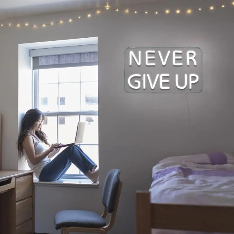 Never Give Up Neon Sign for Inspire Slogan for Study Room Decoration Wall Art Lighting As Gifts for Kids or Friends 5V USB