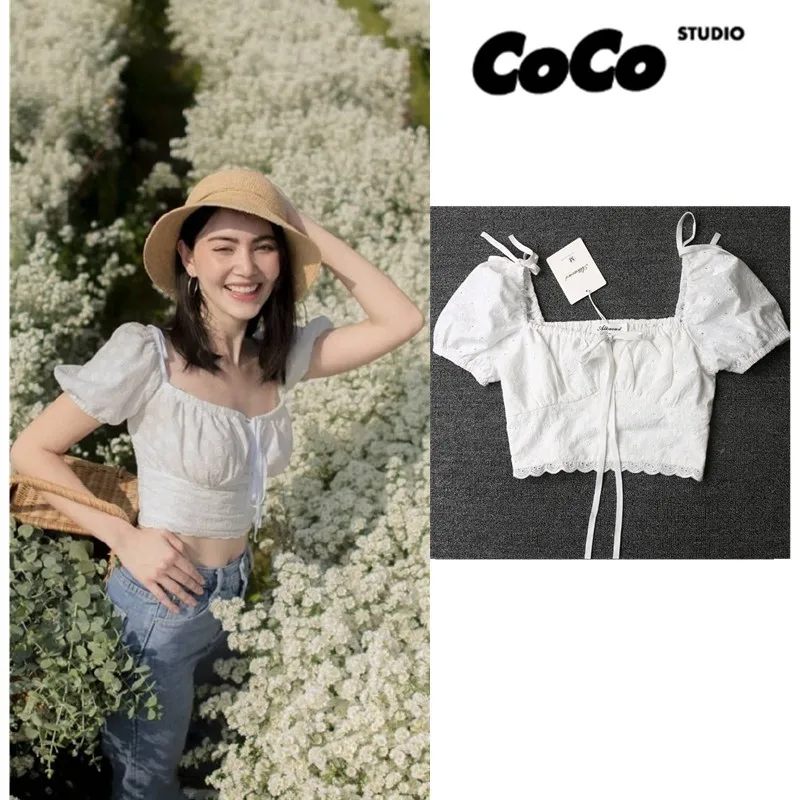 Mai Lace Bubble Sve irt ort Fit Top estivo da donna Colletto quadrato Scava fuori l'ombelico Esposizione Vaion ort irt