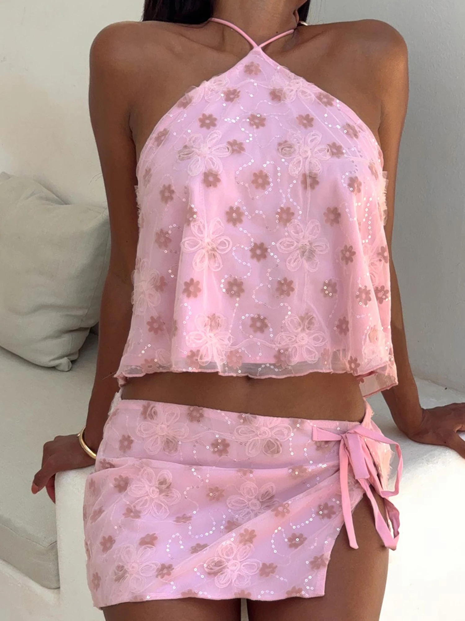 

Women s Elegant Floral Print Ruffle Sleeveless Halter Neck Crop Top with High Waist A-Line Mini Skirt 2 Piece Set for Summer