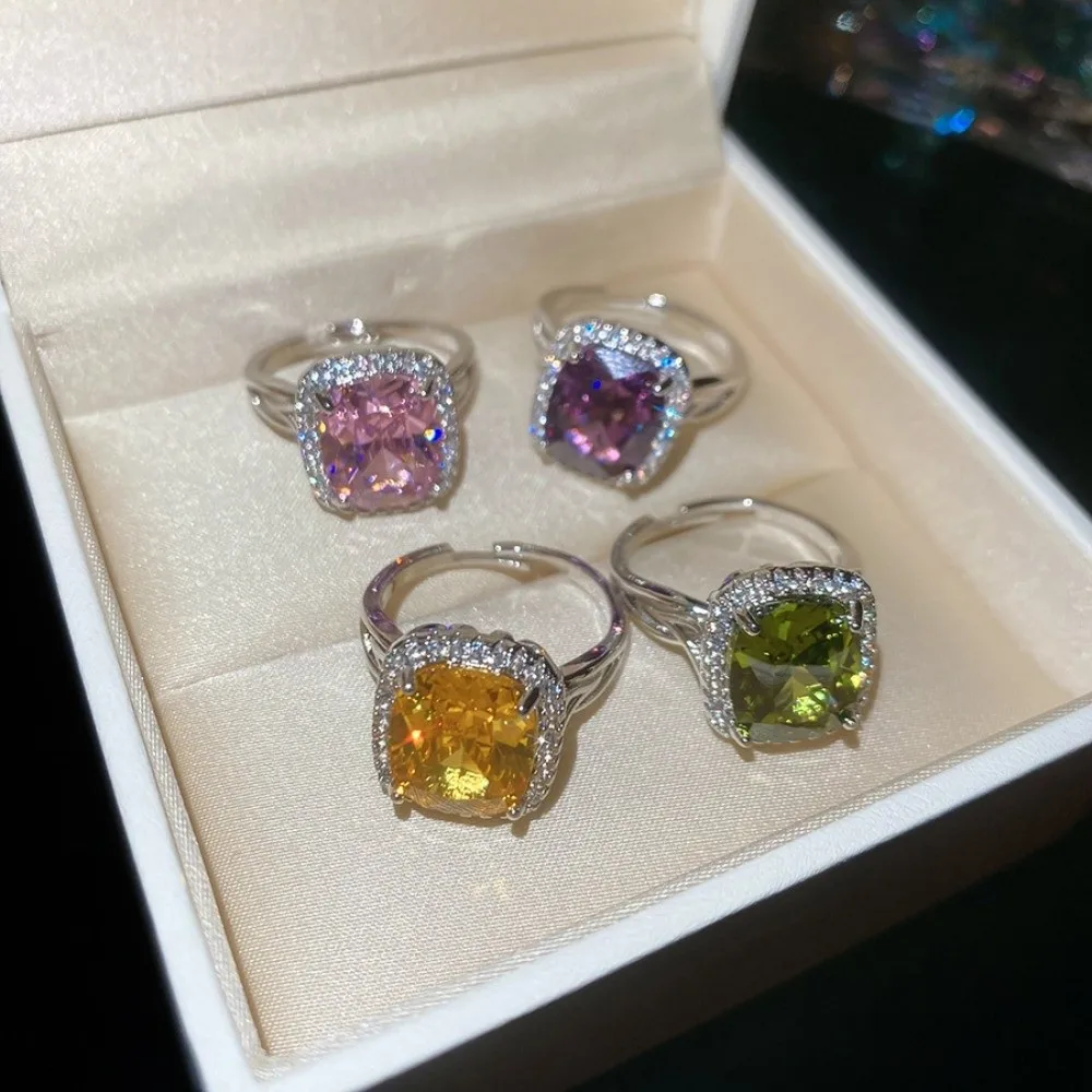 تصميم الأزياء كبير مربع كريستال حلقة مفتوحة خمر خواتم حجر الراين قابل للتعديل افتتاح أنيق مبالغ فيه حلقة مجوهرات الحفلات