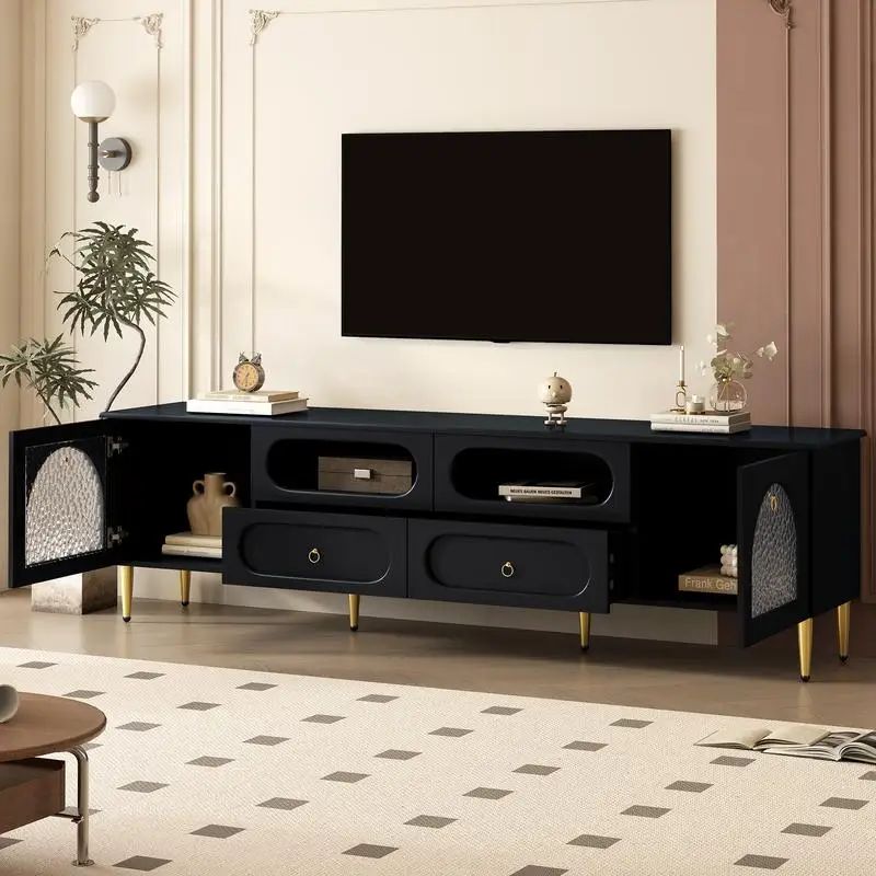 Retro TV Stand, Entertainment Center Media Console with Six Metal Legs, Dual Cabinets, Four Drawers, Anti-tip Device, Holds TVs