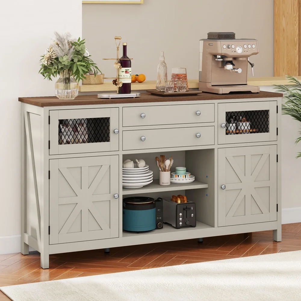 ファームハウスコーヒーバーキャビネット 59インチ サイドボードビュッフェ 引き出し2個 ドア4個 素朴な収納ユニット キッチン リビングルーム