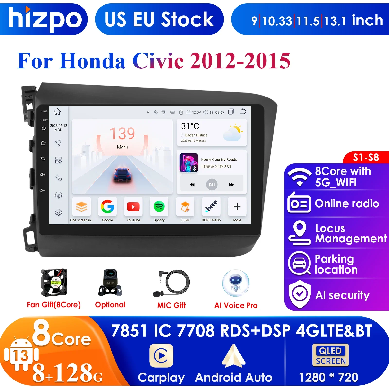 Hizpo 9'' Android Car Radio for Honda Civic 2012 2013 2014 2015 Navigation GPS Carplay Auto 4G WIFI 7862 Car Intelligent Player