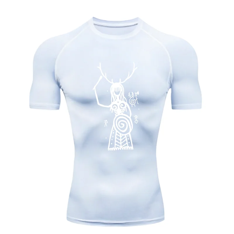 Man With Antlers And Shield 2026 Men's Sports T-shirt Training Fitness Compression Gym Workout Short Sleeve Rashguard For Men