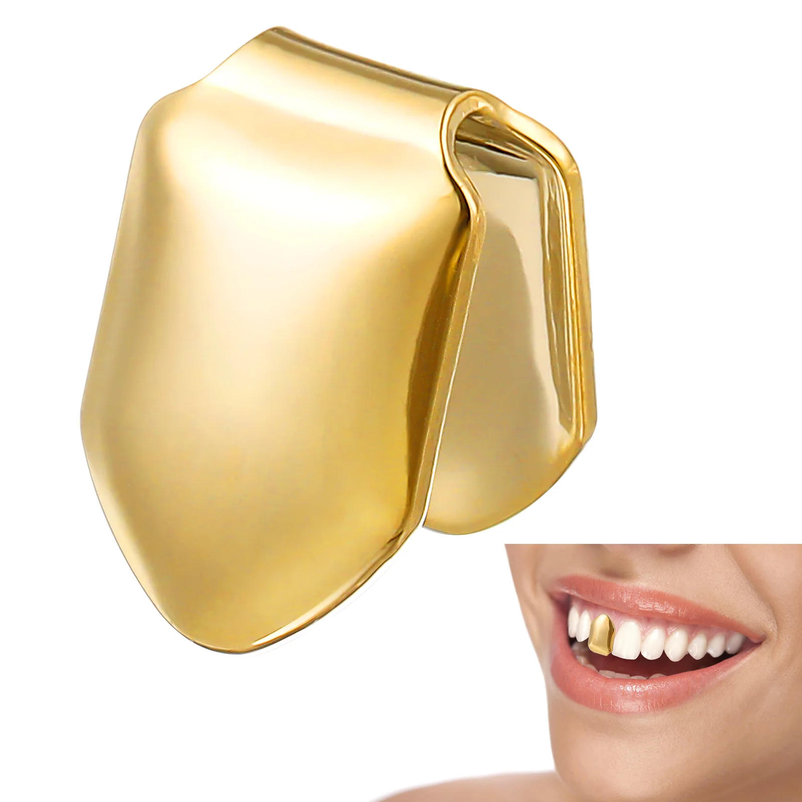 Unisex Trendy Hiphop Tooth Cap Solid 14k Gold Plated Single Tooth Grill for Hip Hop Fashion Accessory