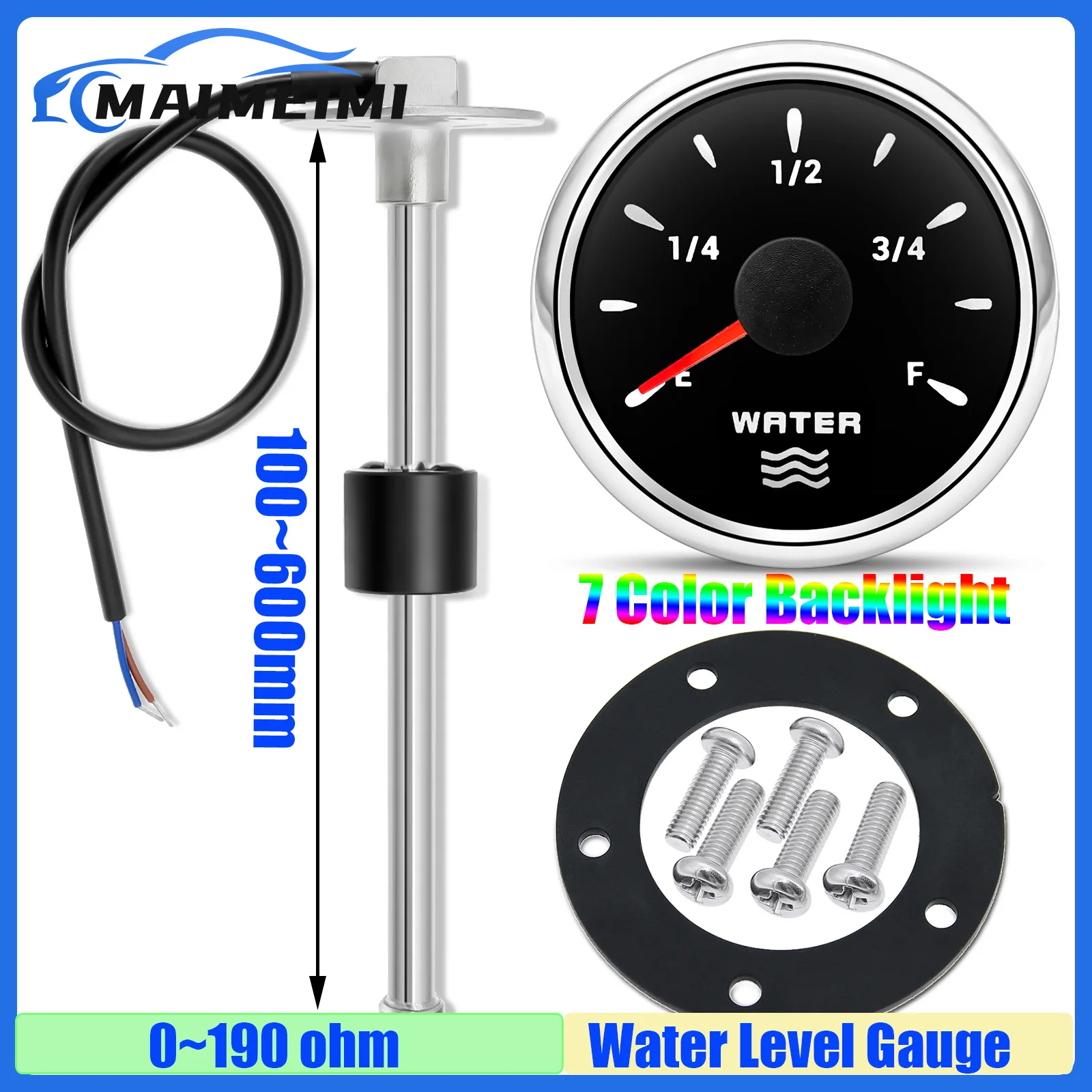 0-190 Ohm Water Level Sensor 52mm Water Level Gauge with 7 Color Backlight Water Tank Meter Indicator for Yacht Boat Car 12V 24V