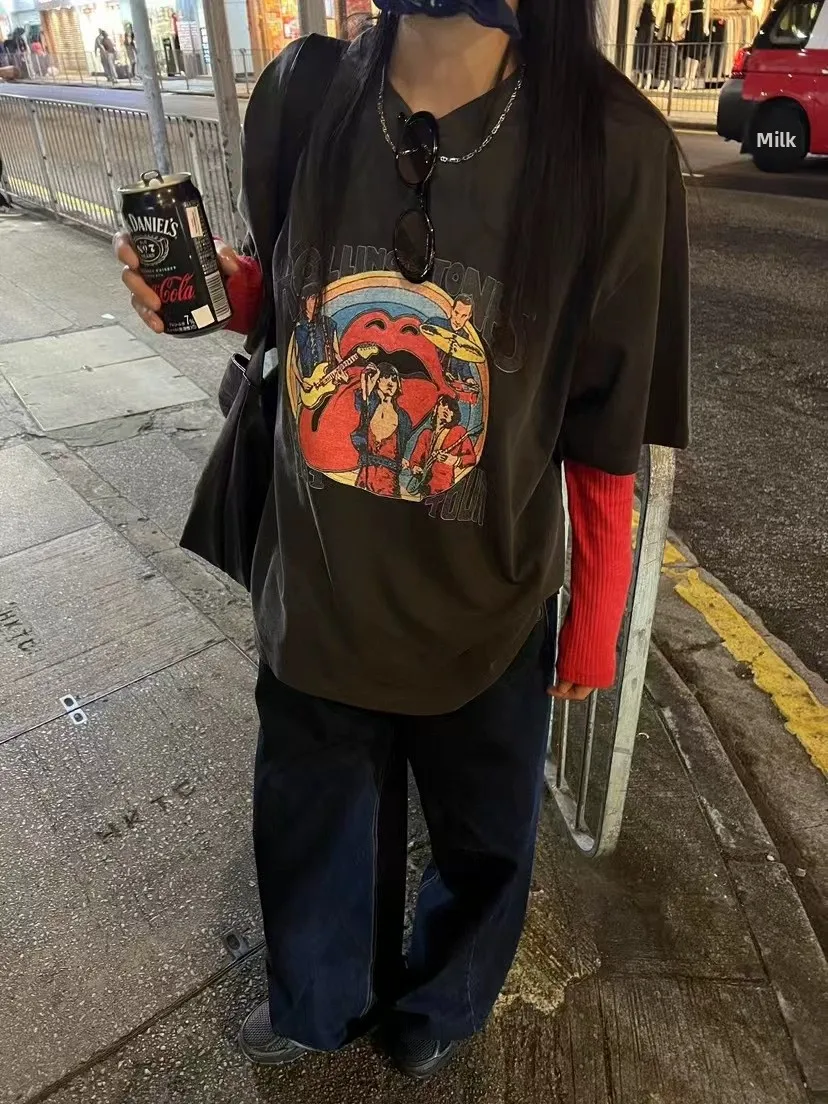 레트로 로 슬레 프린트 루즈 캐주얼 라운드 네 오트 스베 티셔츠 여성 패션 여름 탑 동대문에서