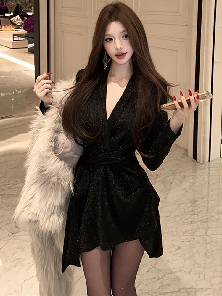 가을 겨울 블랙 브라이트 실크 브이넥 미니 드레스 여성 긴 소매 밴디지 바디콘 드레스 2025 한국 빈티지 헤프번 프로무 드레스