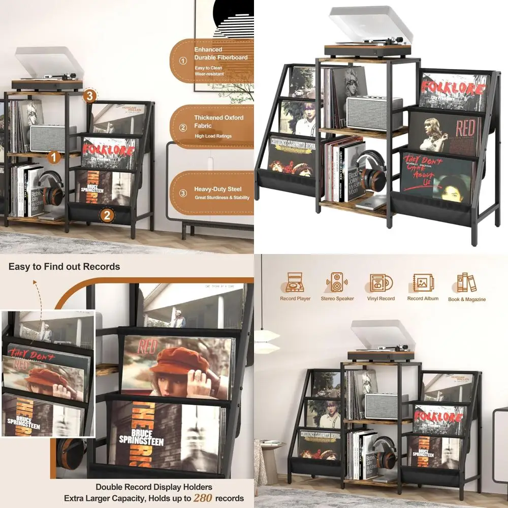 

Подставка для хранения виниловых пластинок, вмещает до 280 альбомов, полка для проигрывателя и аудиосистем