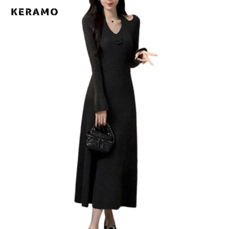 2025 الربيع الإناث كلوبوير عالية الخصر سليم صالح فستان أسود المرأة مثير كم طويل الخامس الرقبة الأزهار يزين غمد فساتين متوسطة الطول