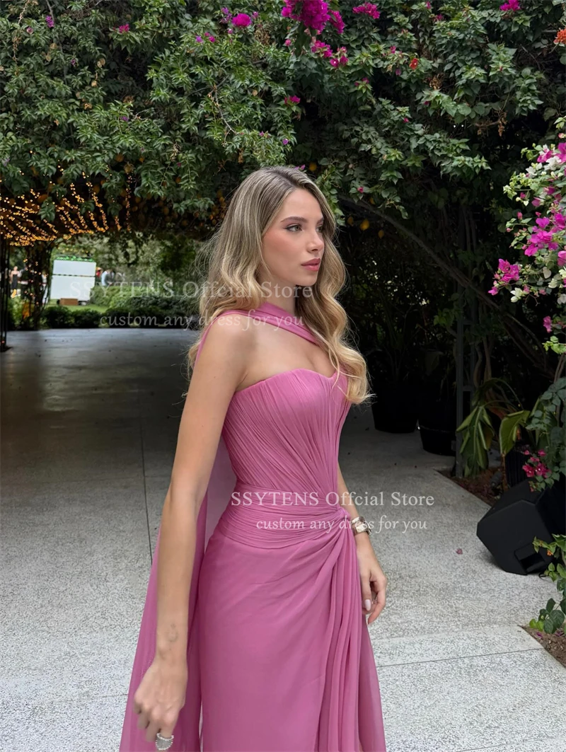 SSYTENS 우아한 핑크 쉬폰 이브닝 드레스 연인 주름 정장 댄스 파티 드레스 사우디 아라비아 웨딩 파티 드레스 맞춤형