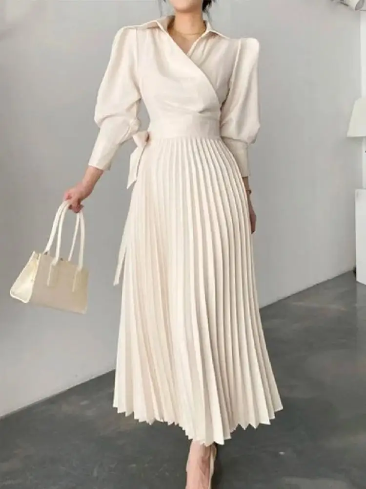 

Spring Women Dress Solid Color Puff Sleeves Lace-up Waist A-line Pleated Dresses Elegant Commuter Dress for Office Ladies