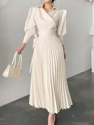 Vestido de primavera para mujer, vestidos plisados de corte en A con cintura con cordones y mangas abullonadas de Color sólido, vestido elegante para ir al trabajo para mujer de oficina