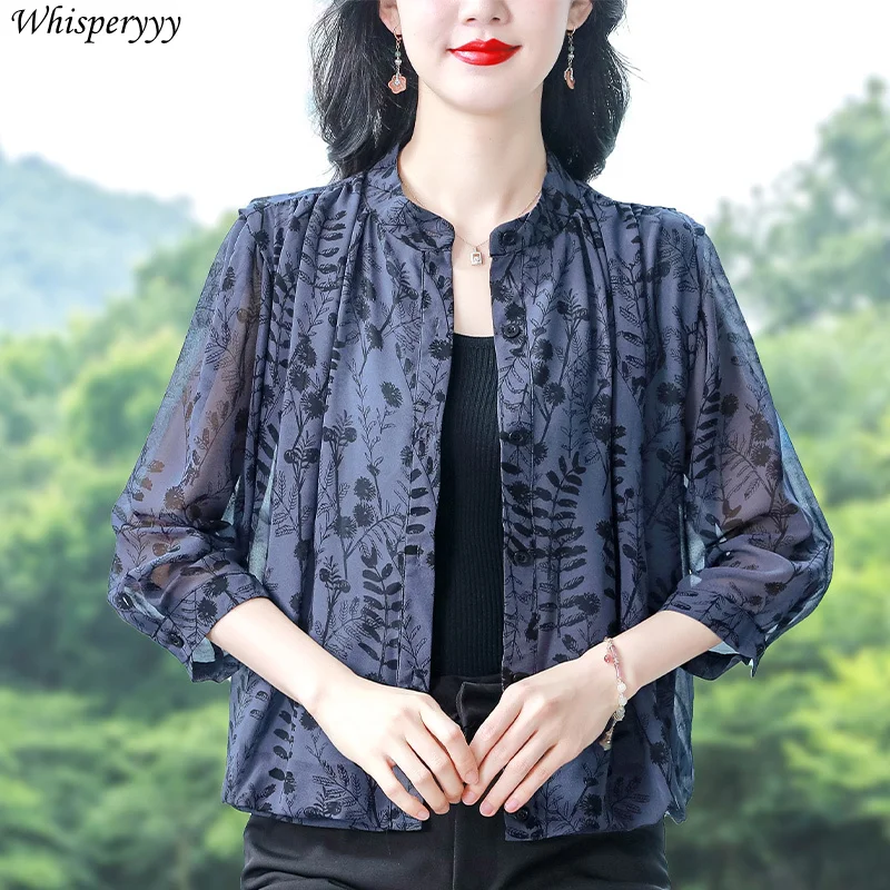 Printed Short Jacket Women Cardigan Casual O Neck Shawl Sun Protection Air Conditioner Clothing Button Quarter Sleeve Tops Femme