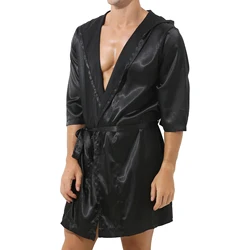 Mens Robe Nightgown Satin Open Front Belted Kimono Half Sleeve Hooded Bathrobe Nightwear for Sleeping Casual Home Wear Hot Sale