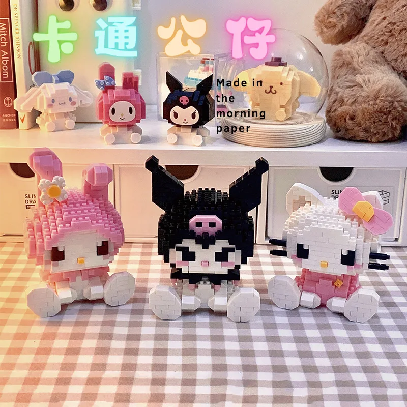 Bloques de construcción de Hello Kitty para niños, juguetes ensamblados, adorno decorativo, figura de Anime Sanrio, modelo Kuromi, regalo de