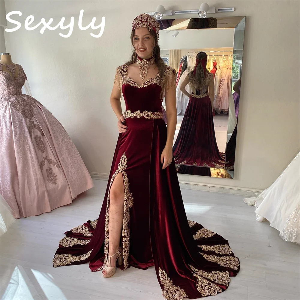 Luxe Karakou Algerien Evening Dress With Detachable Train Burgundy Velvet Cafan Mermaid Prom Slit Lace 2 in 1 Turkey Customized