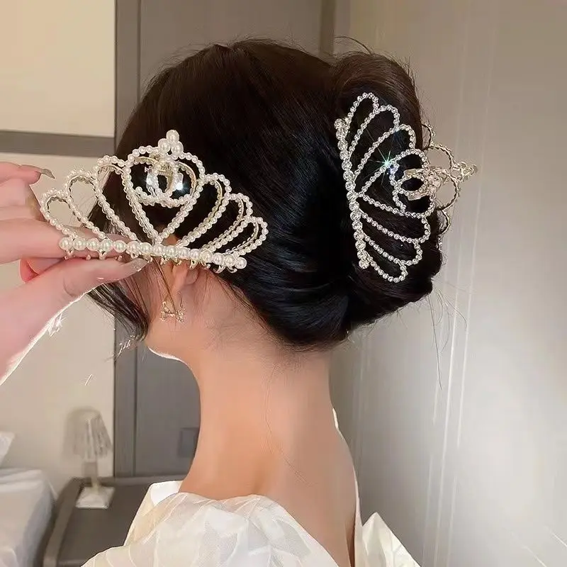 Koreanische Japanische Krone Strass-Haarklammer - Große Haifischklammer für Dutt, Süßes Elegantes Haar-Accessoire für den Hinterkopf