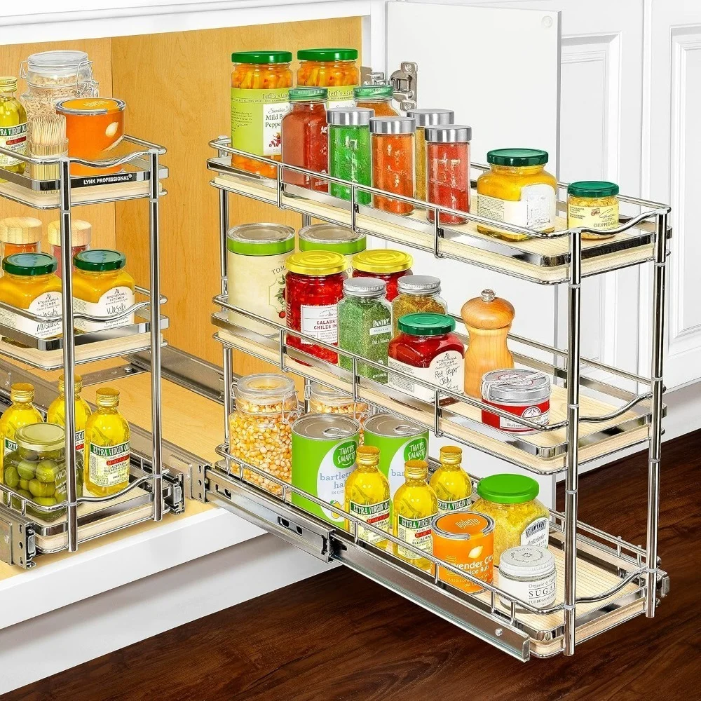 

Slide Out Spice Rack Organizer 3 Tier Wood Chrome Sliding Drawer for Kitchen Cabinet Storage