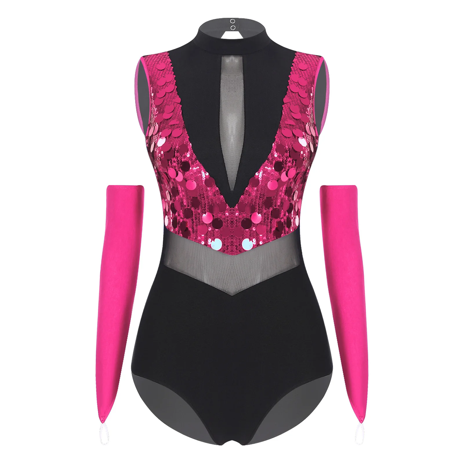 النساء الترتر الشكل التزلج اللاتينية الجاز ملابس رقص الجمباز أكمام بقماش شفاف الجمباز ارتداءها مع قفازات قاعة الرقص #3