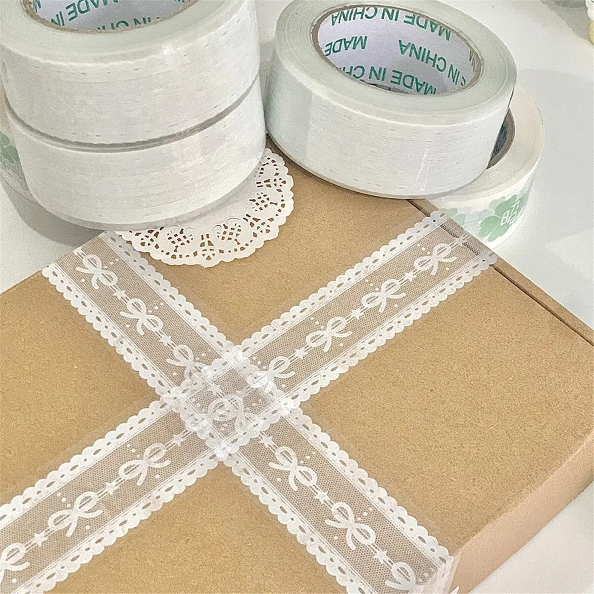 DIY Gift Decoration Material Tape, 100M/Roll Lace Transparent Tape for Festival Gift Packaging