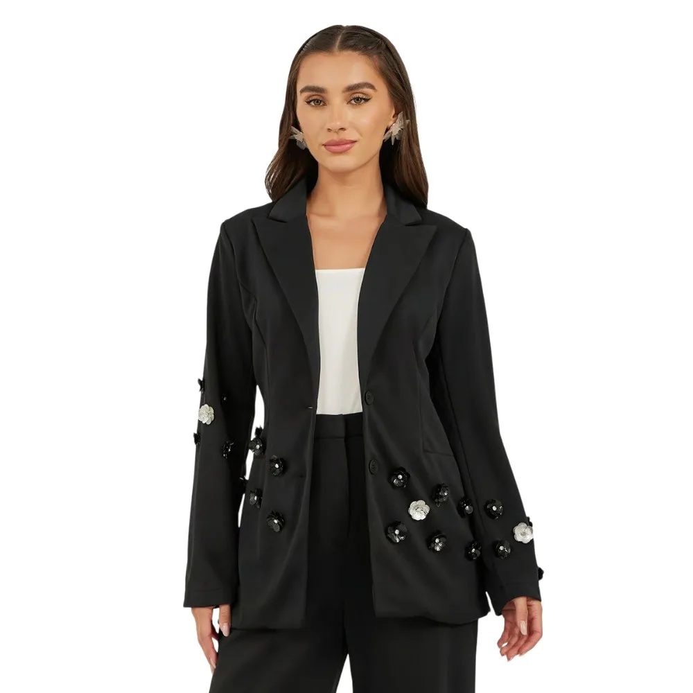 Vestidos de noche elegantes para mujer, trajes con botones y flores, chaqueta con dos botones, pantalones para mujer, traje de satén de 2 piezas personalizado