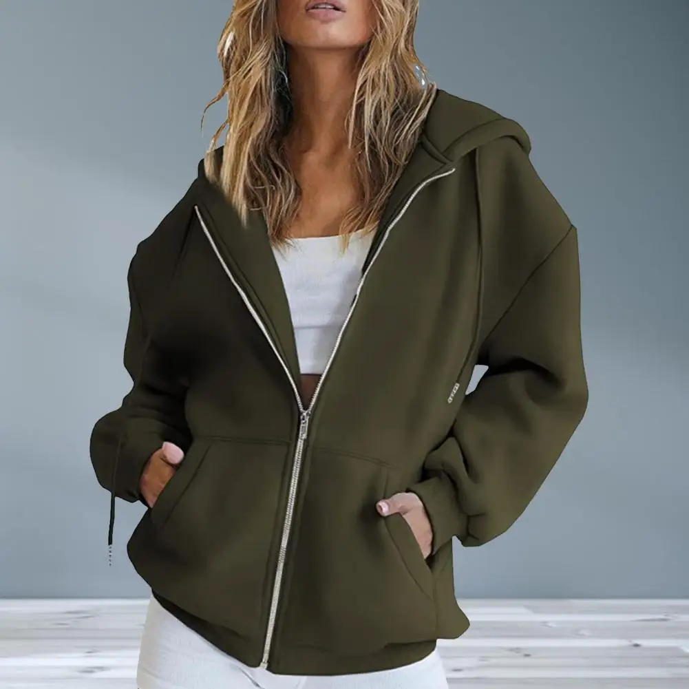 Trendy Women Autumn Coat Solid Color Warm Sweatshirt Pure Color Women Hoodie Coat