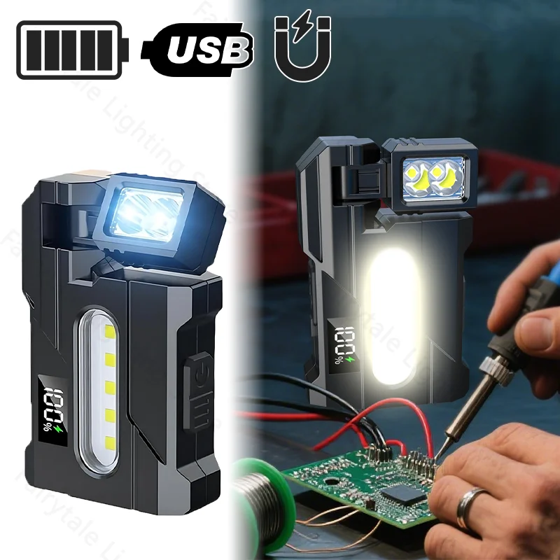 Portable Mini LED Flashlight USB Rechargeable Tail Magnet Super Bright Camping Lantern COB Emergency Warning Light