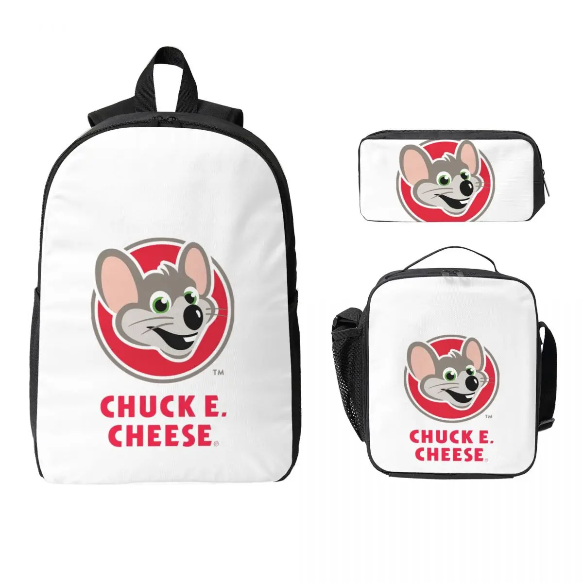 Chuck E Cheese Backpack Student Boys Girls BookBag School Bag Computer Shoulder Bags 3ps Insulated Lunch Bag Pencil Case