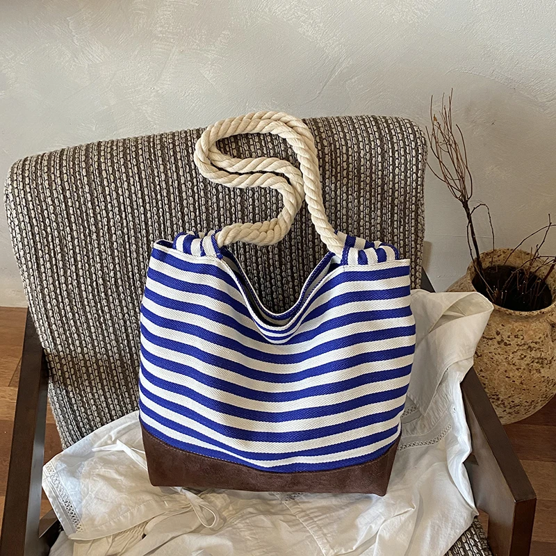 Fashion Brown White Stripe Shoulder Bag Thick Braided Rope Strap Large Storage Canvas Casual Ladies Everyday Tote Bag Сумка