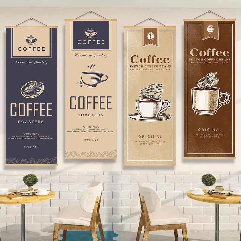 Canvas Poster Retro Coffee Shop Graphics Hanging Fabric Wall Decor for Cafe Milk Tea Bar Dining Area and Vintage Store