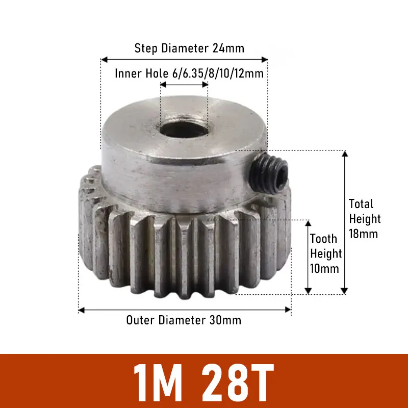 1 Module Spur Gear 1M 28 Teeth 29 Teeth Standard Hole 6mm 6.35mm 8mm 10mm 12mm Precision 45# Steel Motor Gears For Industry