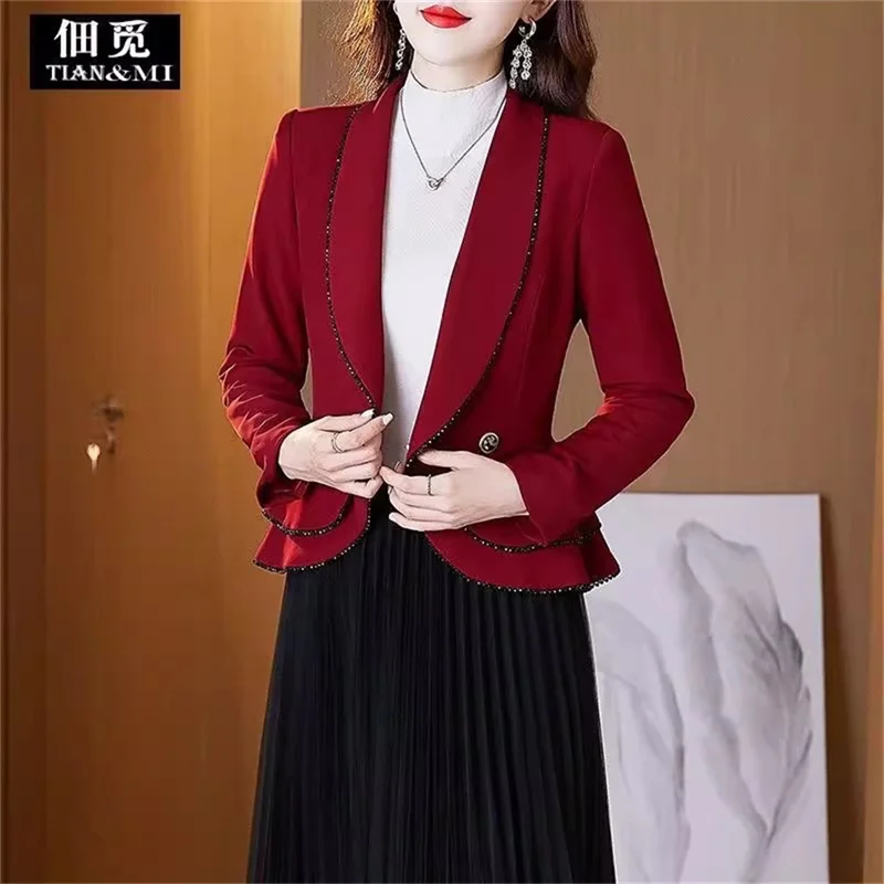 Chaqueta de traje corta para mujer, Blazer ajustado con una sola hebilla, diseño rojo vino, elegante, primavera y otoño, 2024