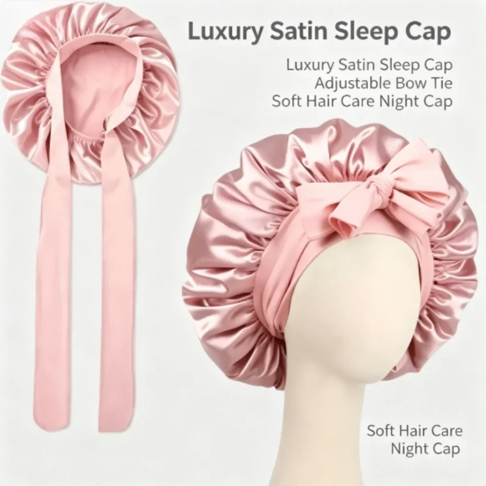 Silk Satin Sleep Bonnet with Adjustable Tie Bow, Double Layer Night Hair Wrap for Curly Natural Hair, Soft Lightweight Sleeping Cap, Frizz Reduction Hair Care Accessory