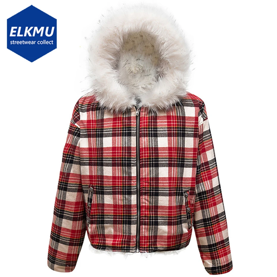 

Men Winter Jackets Fur Collar Parkas Coat Vintage Plaid Thicken Fleece Warm Jackets Streetwear Harajuku Hip Hop Padded Jackets
