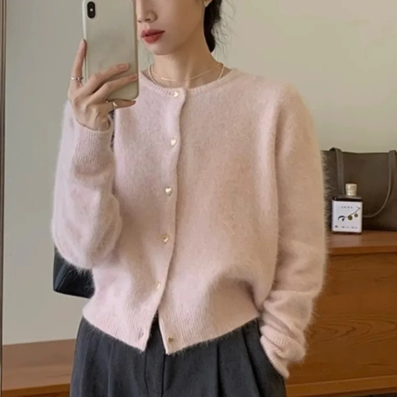 Ezgaga Knitted Cardigan Women Elegant Sweet Autumn Winter Solid Loose Single Breasted Outwear Sweater Female Tops Casual