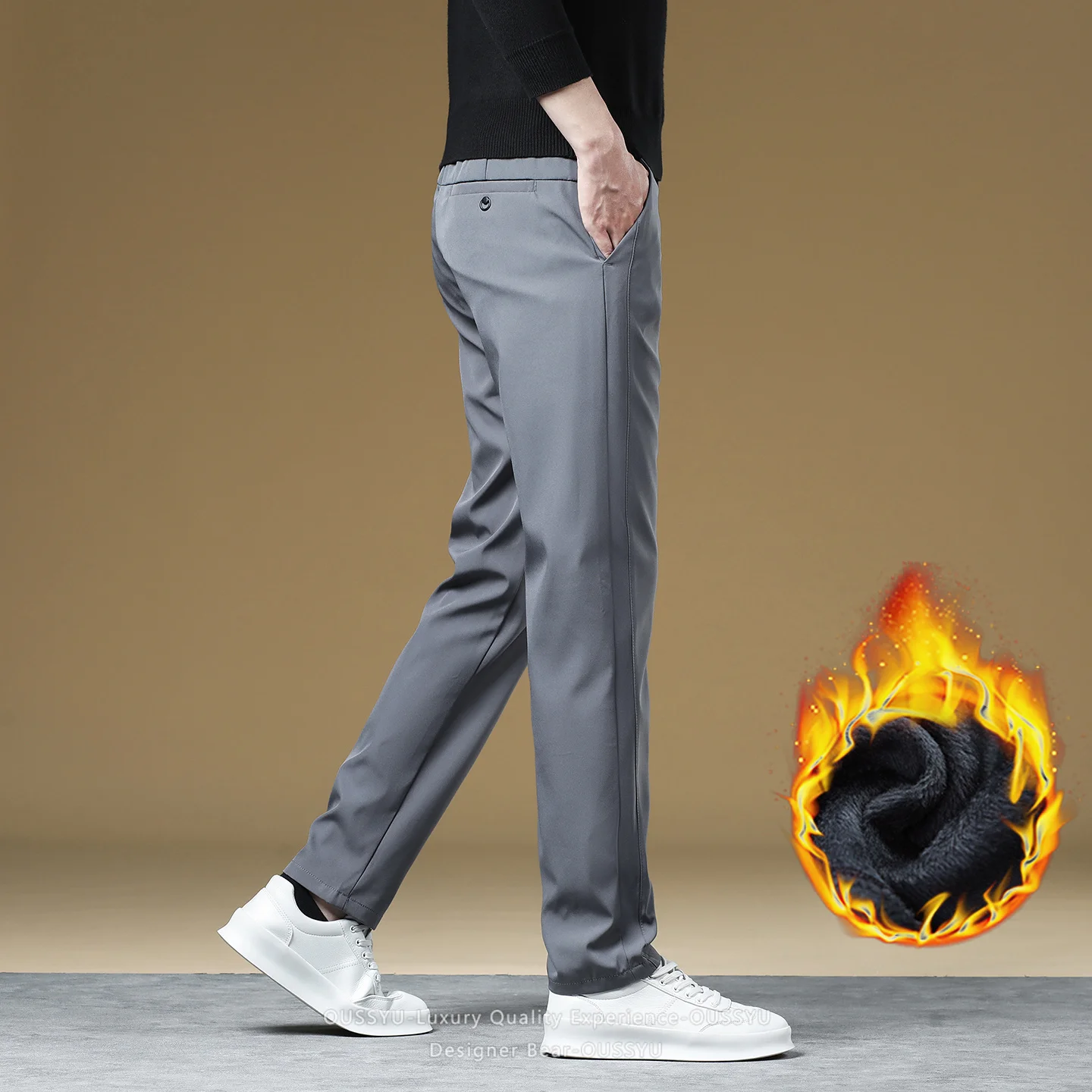 Winter Warm Lightweight Fleece Men's Pants Korea Style Elastic Waist Outdoors Work Black Slim Casual Trousers Man Brand Clothing