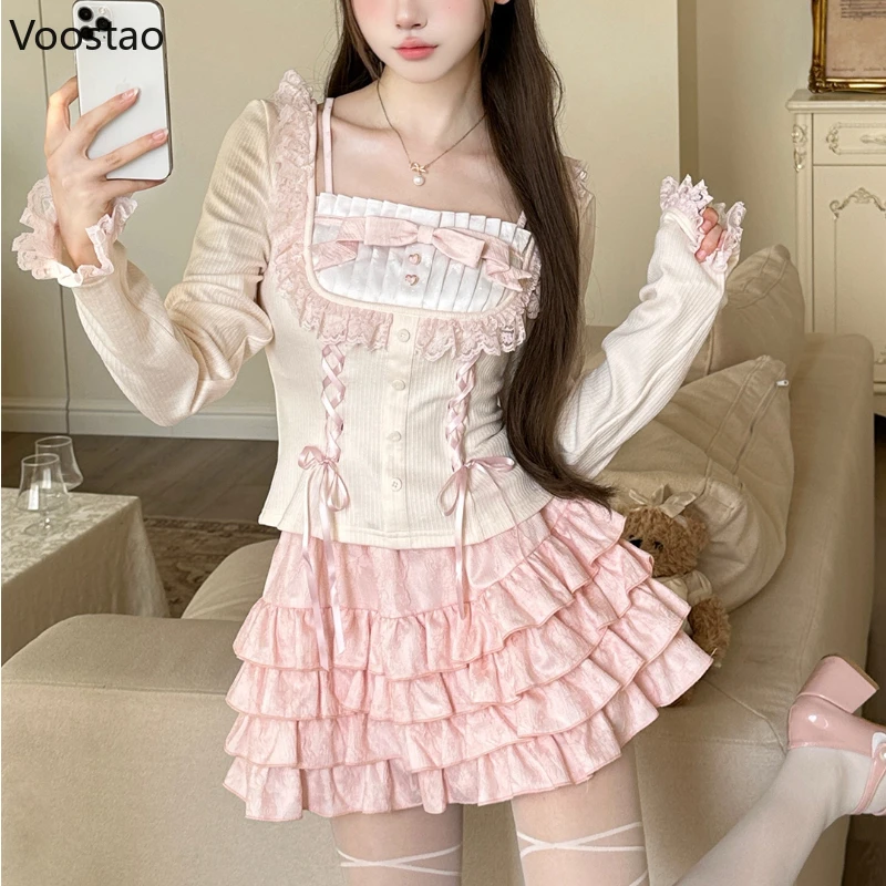 Sweet Cute Lolita Princess Skirt Sets Autumn New Bow Lace Splicing Long Sleeve Slim Tops Kawaii Cake Skirt Two Piece Set Women