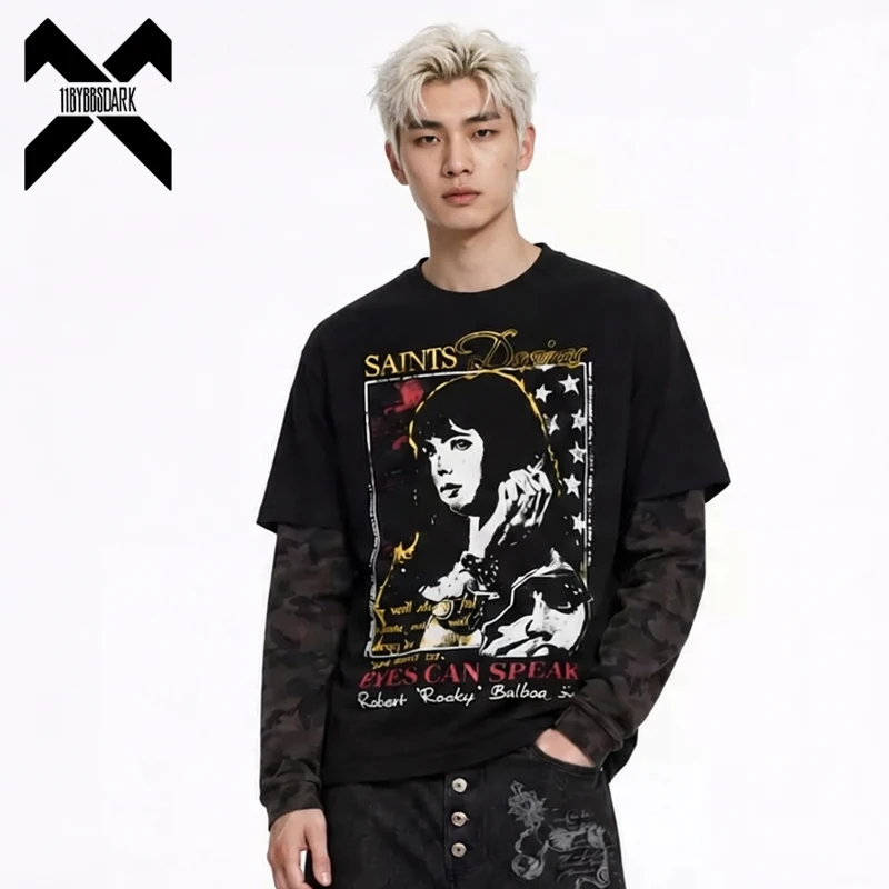 Fake Two-Piece Long Sleeve T-Shirt for Men Women 2026 Autumn Rock Punk Fashion Print Tee Streetwear Top Y2K