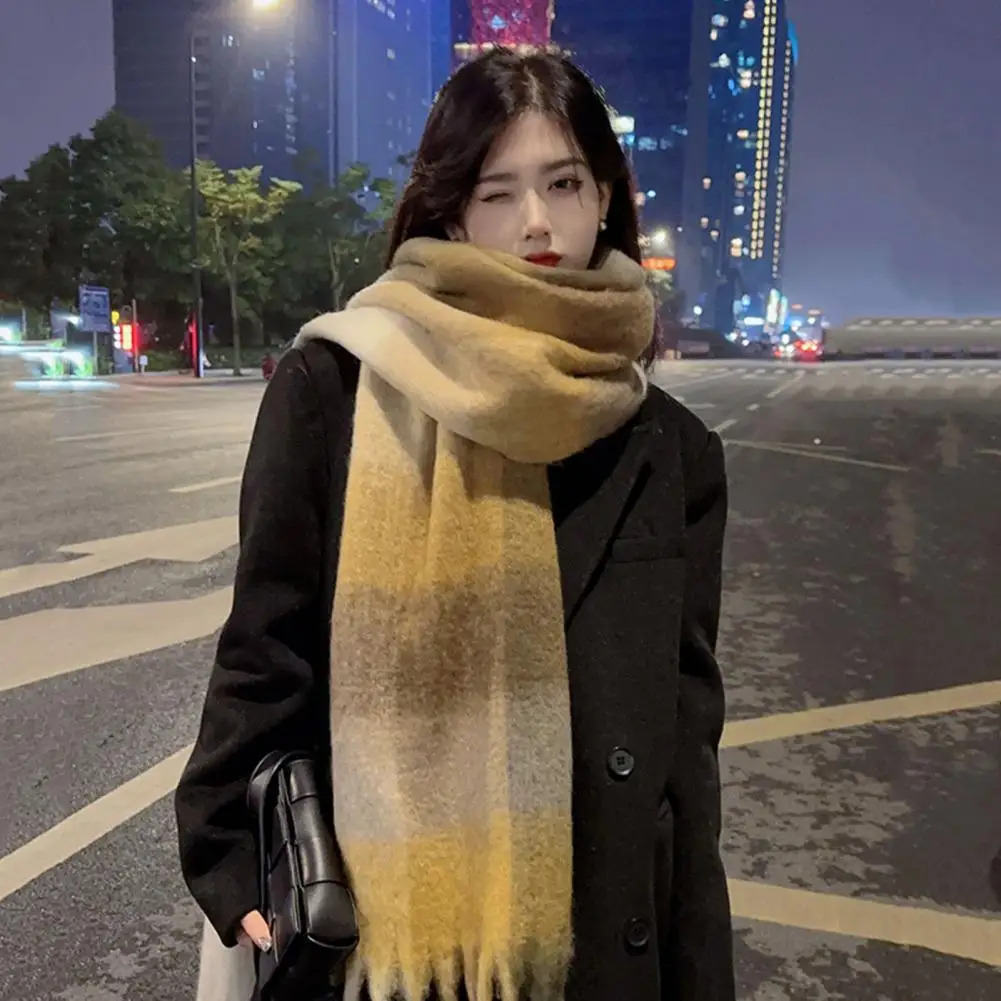 Women Winter Scarf Twisted Tassel Contrast Color Thick Warm Soft Neck Warm Windproof Wide Long Decorative Lady Shawl