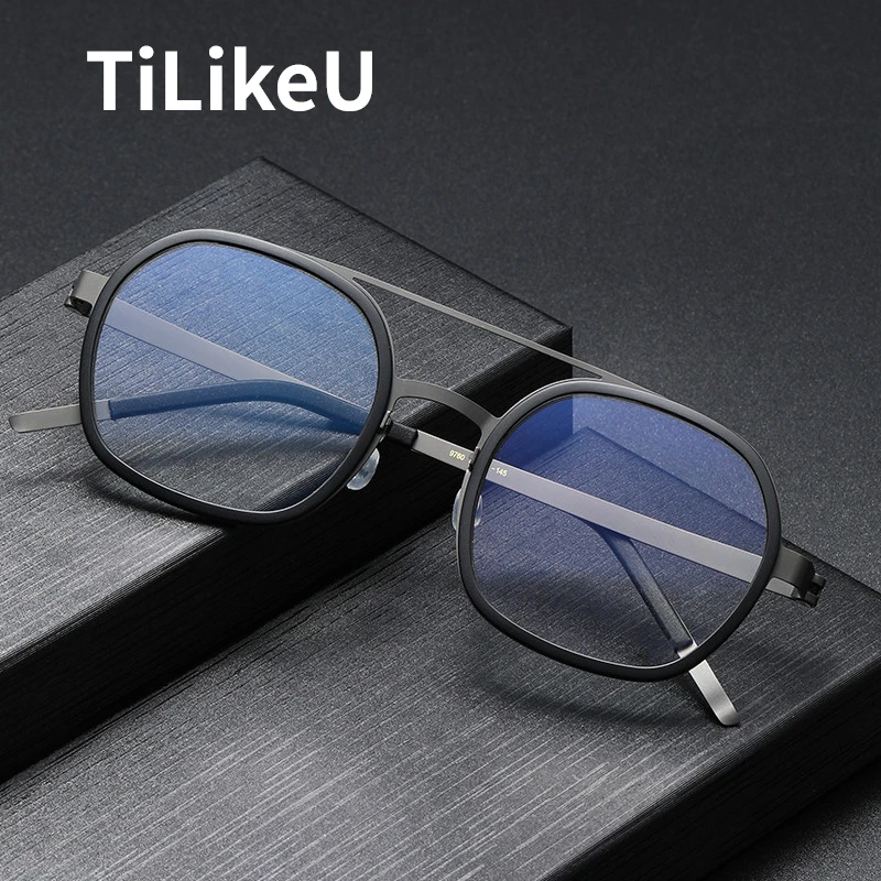 

Pure Titanium Double Beam Men Large Size Eyeglasses Frame Danish Brand Retro Square Screwless Eyewear Prescription Glasses Frame