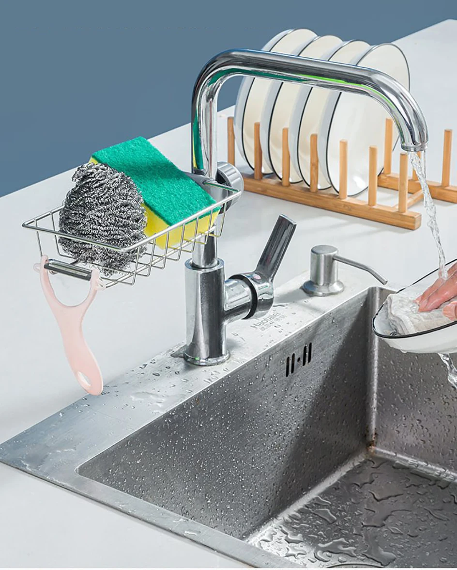 Hängendes Wasserhahnregal, höhenverstellbar, flexibel und drehbar, Abflusshalter für Küchenspüle, geeignet für Seifenschwämme, Bürsten – Detail 1
