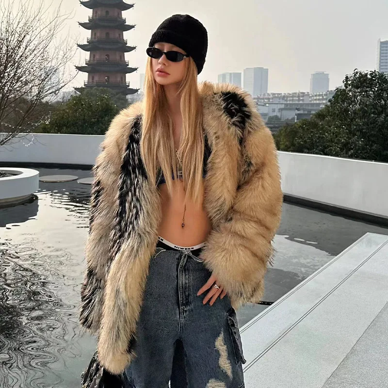 Print namaakbont jassen dames losse O-hals lange mouwen pluizige warme parka vrouwelijke winter chique mode straat outwears bontjas