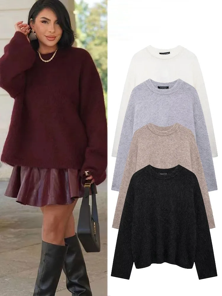 

HH Women Vintage Soild Faux Wool Knitted Sweater 2024 O Neck Long Sleeve Pullover Top Female Casual Loose Street Sweatshirt