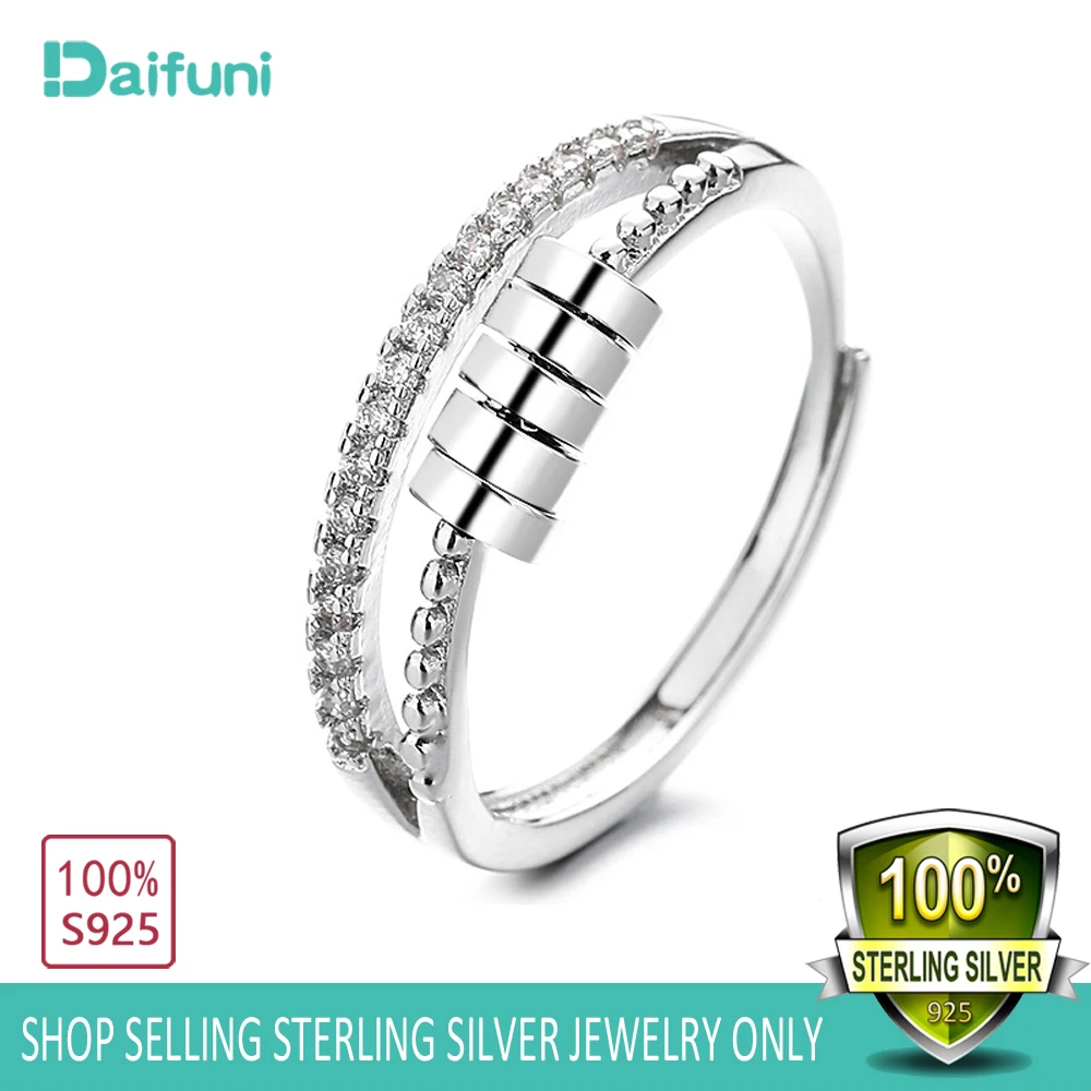 Daifuni 100% s925 Sterling Silver Adjustable Woman Anxiety Fidget Ring With Stress Relief Jewelry For Female Zircon Jewelry Gift