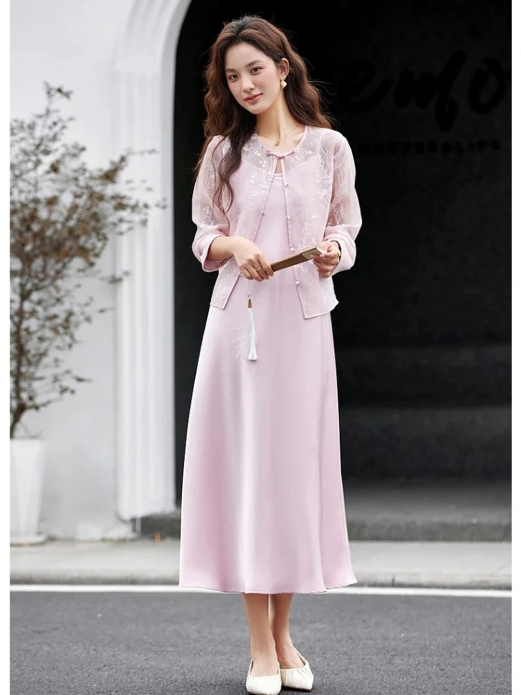 

VIMLY Women's Two Piece Dress Set Autumn 2025 Elegant Chinese Style Floral Embroidery Coats Long Suspender Satin Dresses A2683