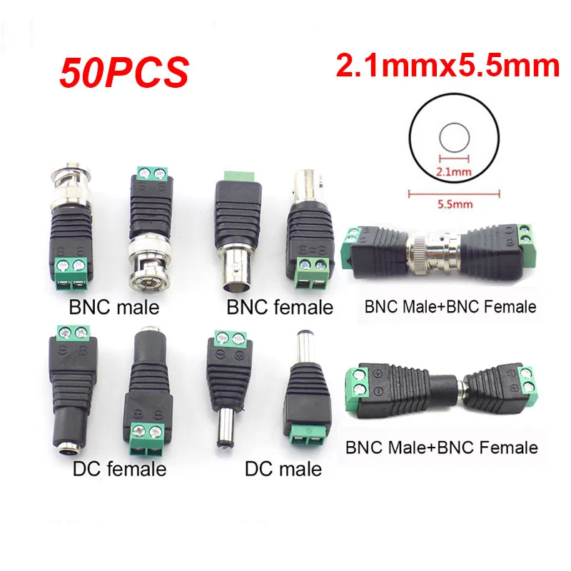 50pcs 12V BNC Connector 2.1mmx5.5mm DC Female Male Jack Plug Socket Power Supply Adapter for Led Strip Lights CCTV Camera w28