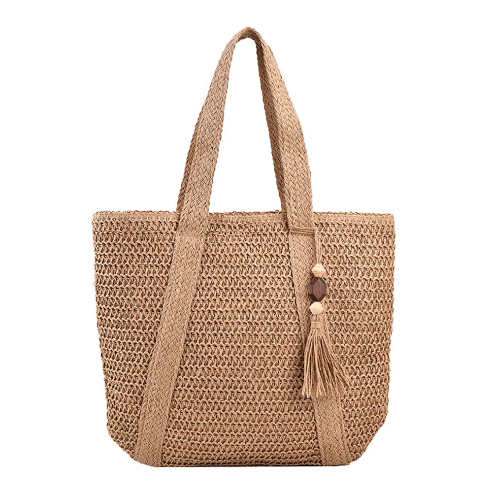 Bolso tejido de paja de verano, moda hecha a mano, Simple, de gran capacidad con colgante de borla, bolsos tejidos a mano, bolso de compras