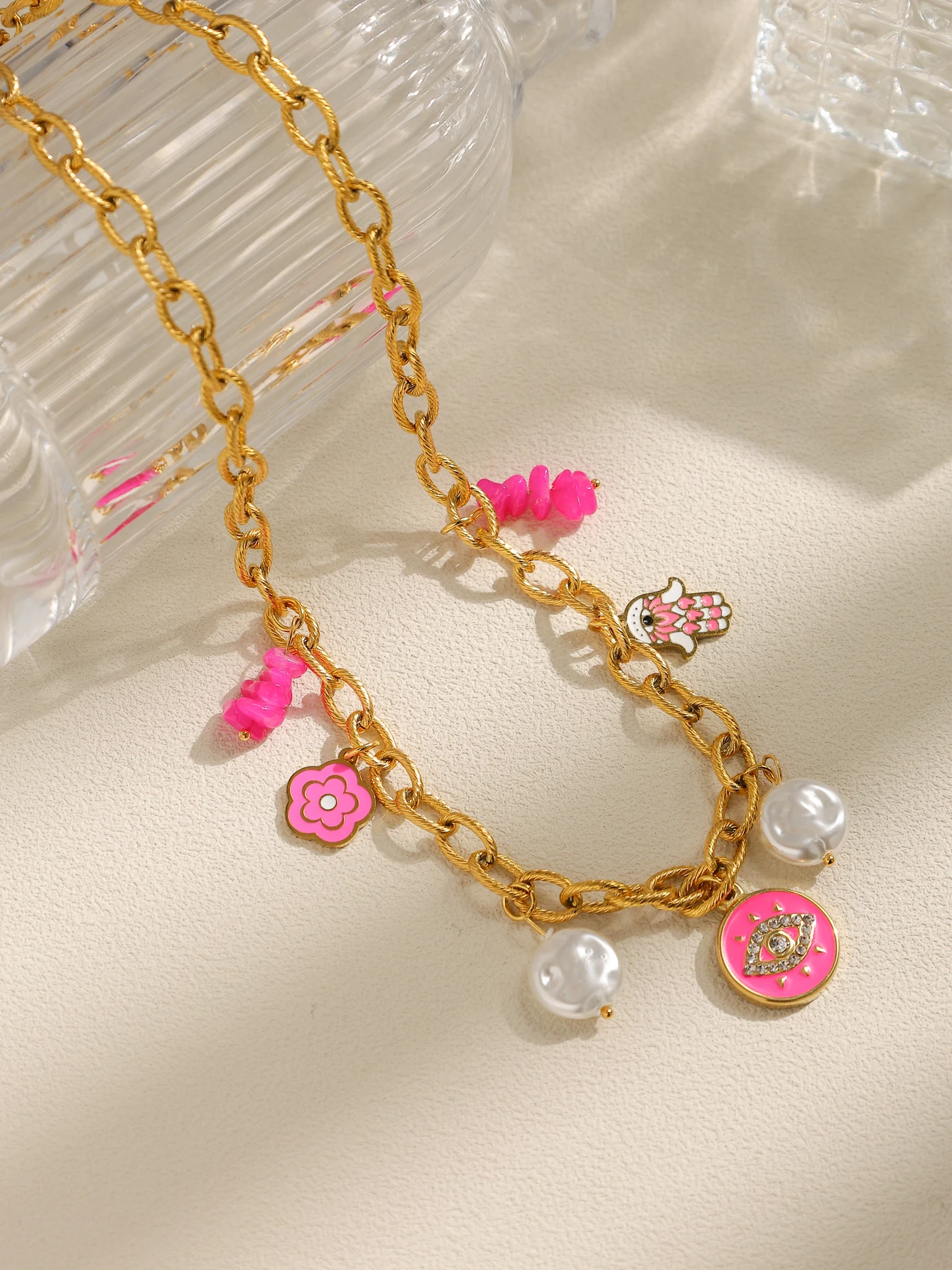 

Stainless Steel Pink Drop Oil Eyes Palm, Natural Stone String, Pearl Pendant Necklace Women Gold Bohemian Jewelry Gift